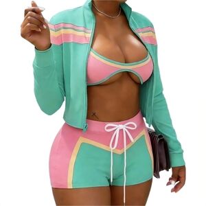 Ophestin 3 Pc Outfit Colorblock Shorts, Zip Up Jacket & Bra - NEW - Large
